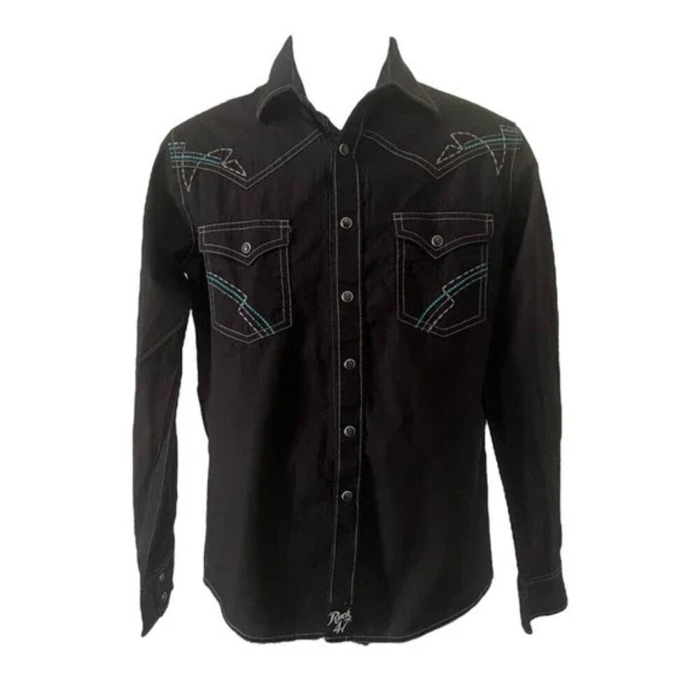 Wrangler Rock47, black pearl snap & contrasting embroidery (Medium; 100% cotton)